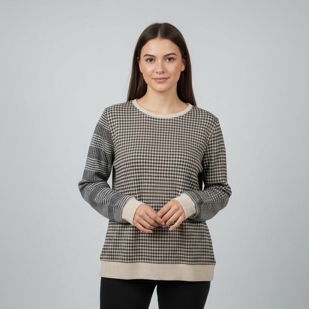 Lands End Sweater 1X Houndstooth Knit Pullover Plus Size Cozy Neutral Top